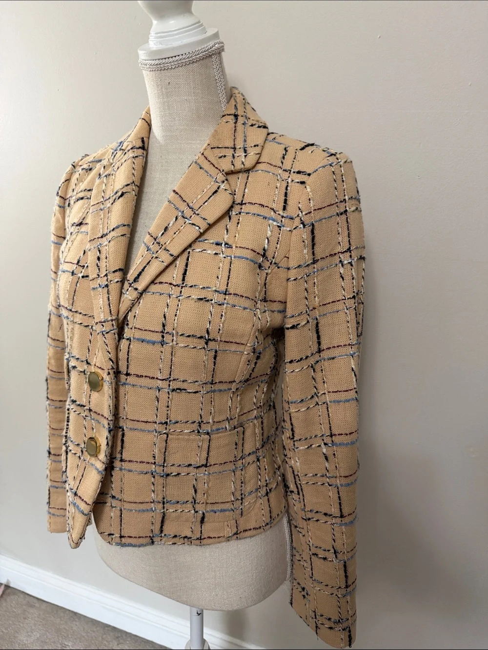 Tory Burch Beige Plaid Tweed Blazer with Navy Accents